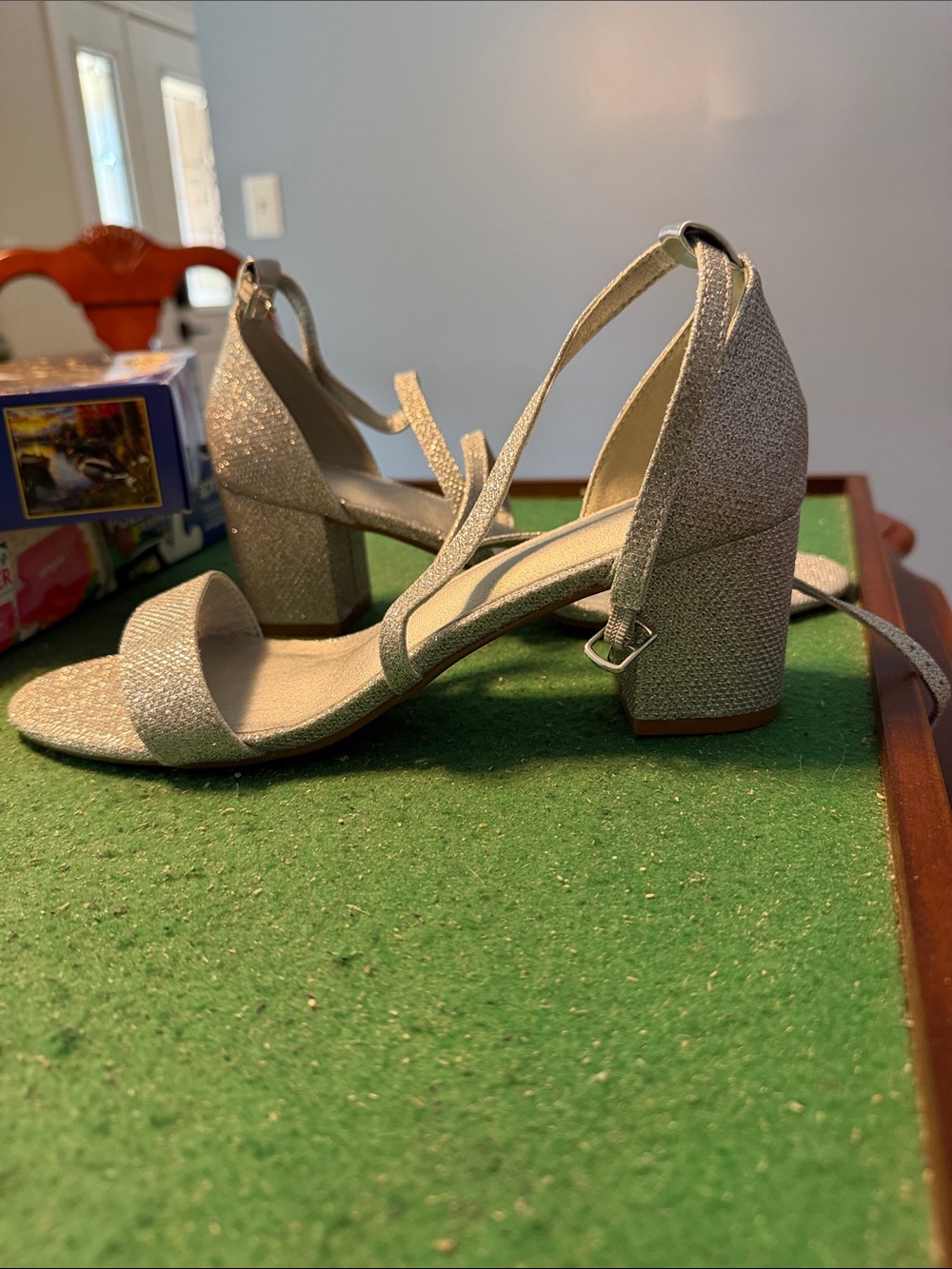 Glitter Block Heel Sandals with Ankle Strap - Silver size 10
